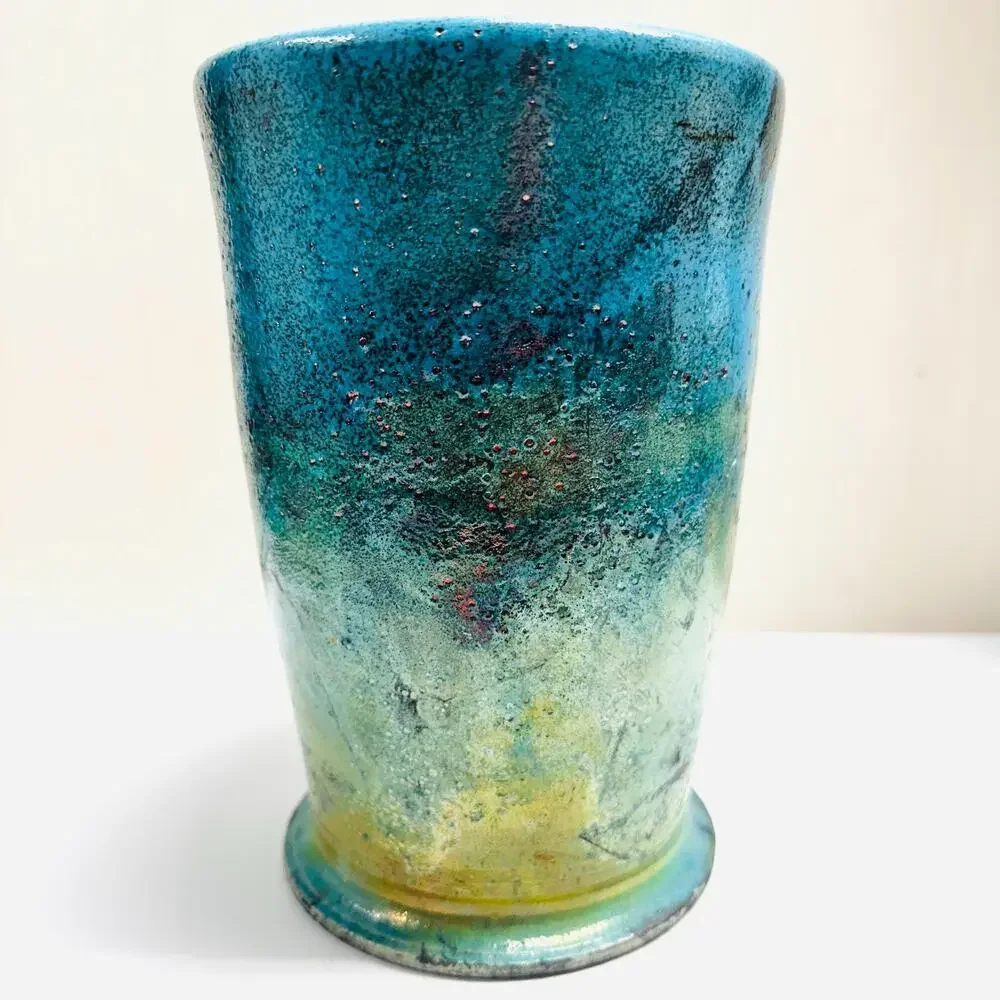 Vintage Raku Fernando Pottery Vase Hues of Blue Iridescent